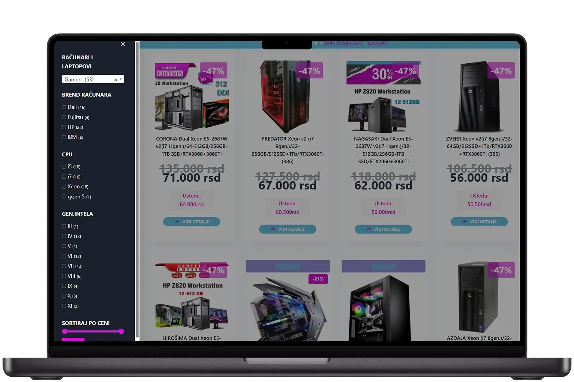 Brend Racunari online store — product categories and advanced filtering by processor, generation, and price