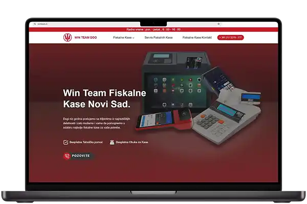 WinTeam website redesign displayed on a laptop — fiscal cash register retailer from Novi Sad