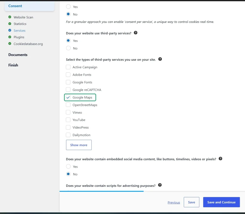 Complianz setup wizard with Google Maps selected as a third-party service