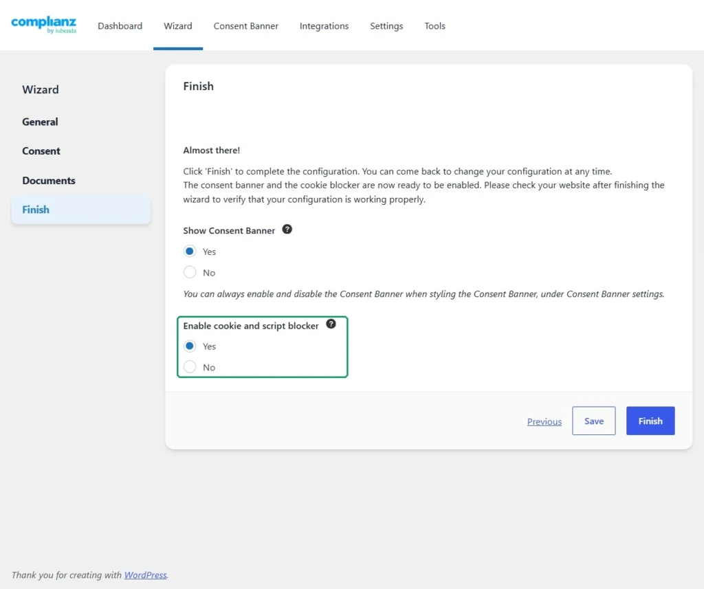 Complianz Finish step with consent banner and cookie and script blocker enabled
