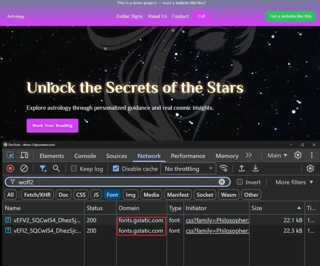 Chrome DevTools Network tab with the Font filter showing fonts loaded from fonts.gstatic.com