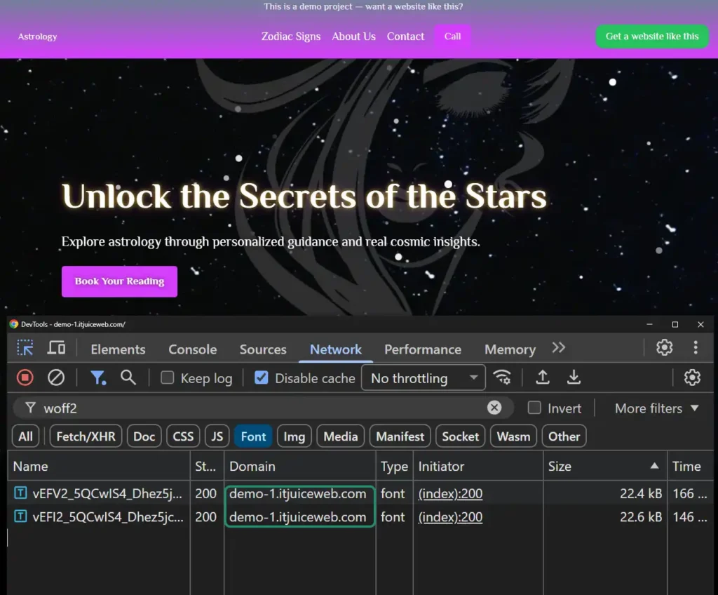 Chrome DevTools Network tab showing the font file loaded from the site's own domain