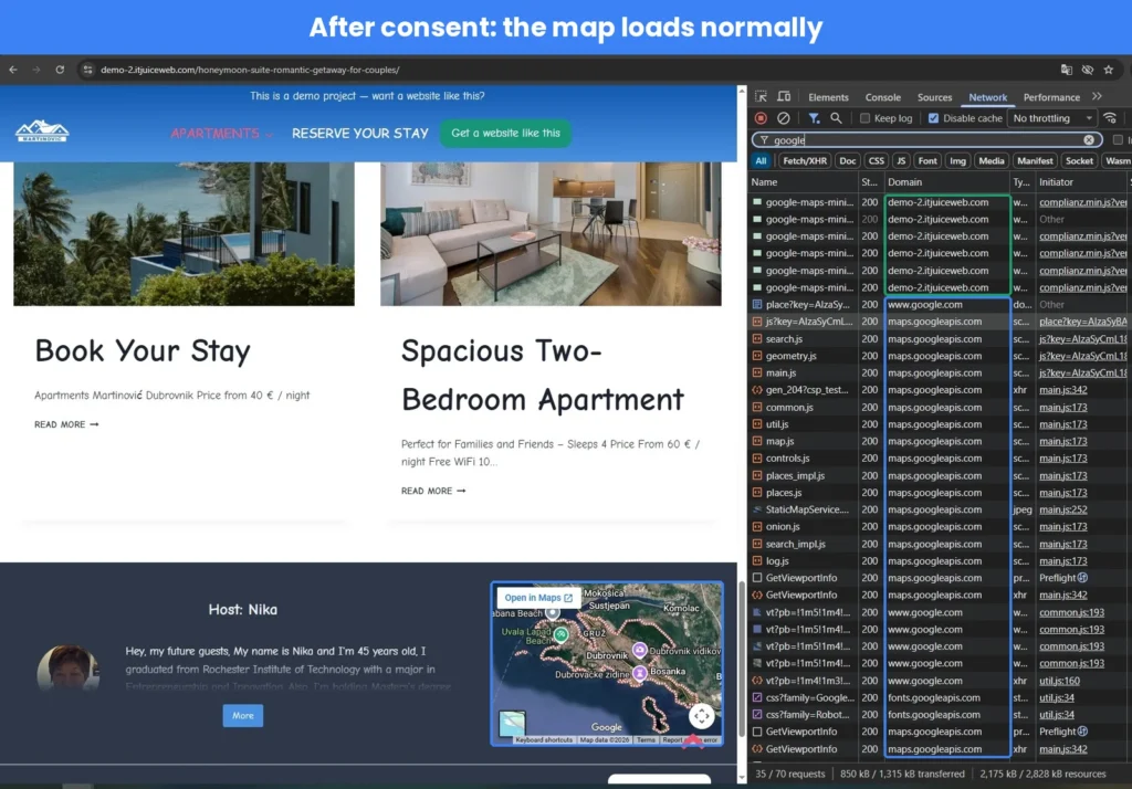 Google Map loaded after the visitor accepted cookies, with Google requests appearing in Chrome DevTools