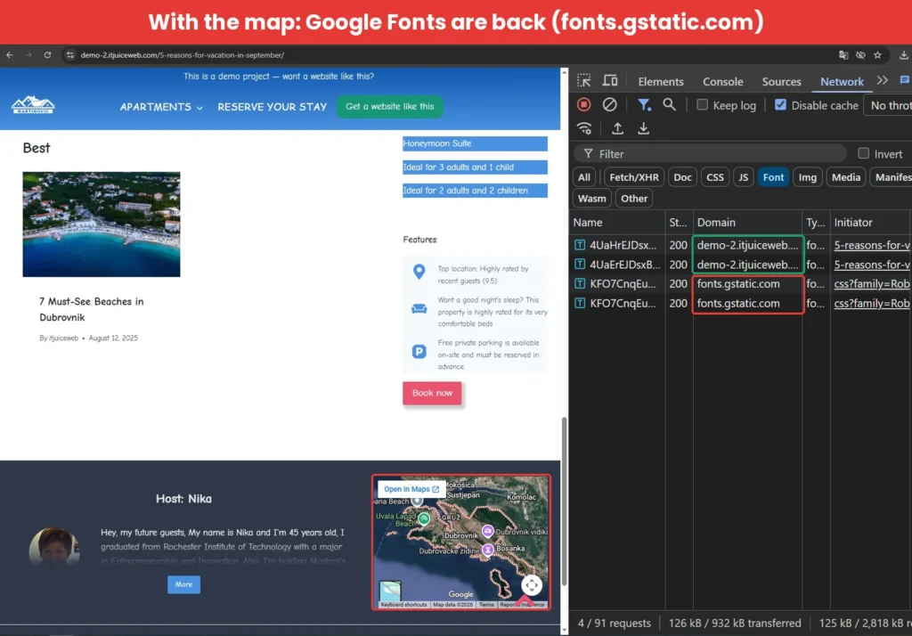 Chrome DevTools Font filter showing Roboto loaded from fonts.gstatic.com by an embedded Google Map