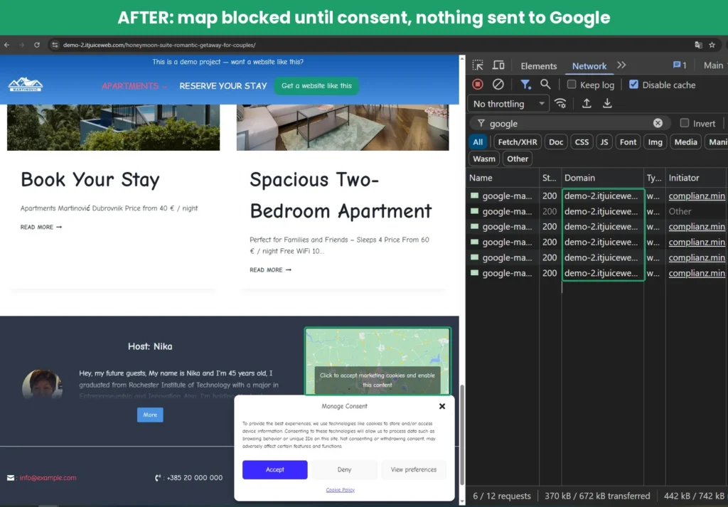 Google Map replaced by a Complianz consent placeholder, with no requests to Google in Chrome DevTools