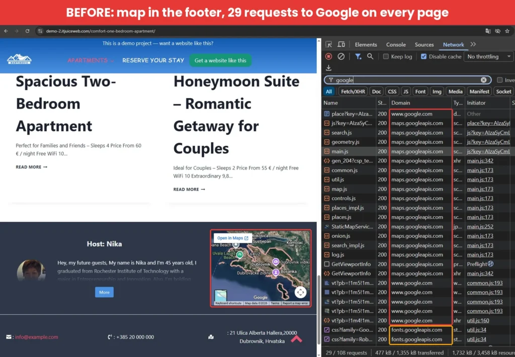 Chrome DevTools Network tab showing 29 requests to Google domains from an embedded Google Map in the website footer