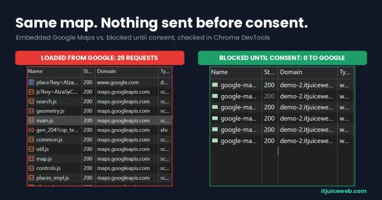 Google Maps embed before and after consent blocking, checked in Chrome DevTools