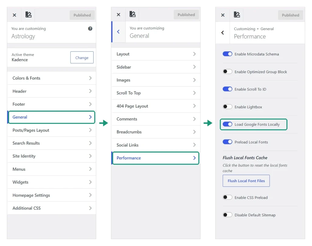 Kadence theme Customizer, Performance settings with Load Google Fonts Locally turned on